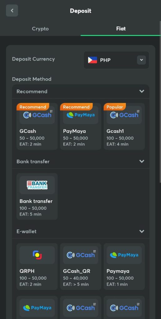 Deposits and withdrawals through the app