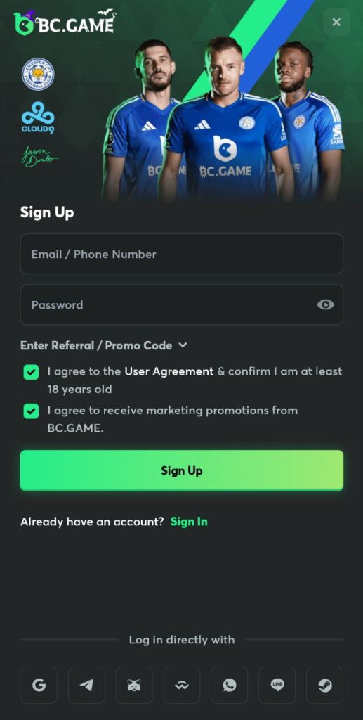 Registration in the BC.Game app